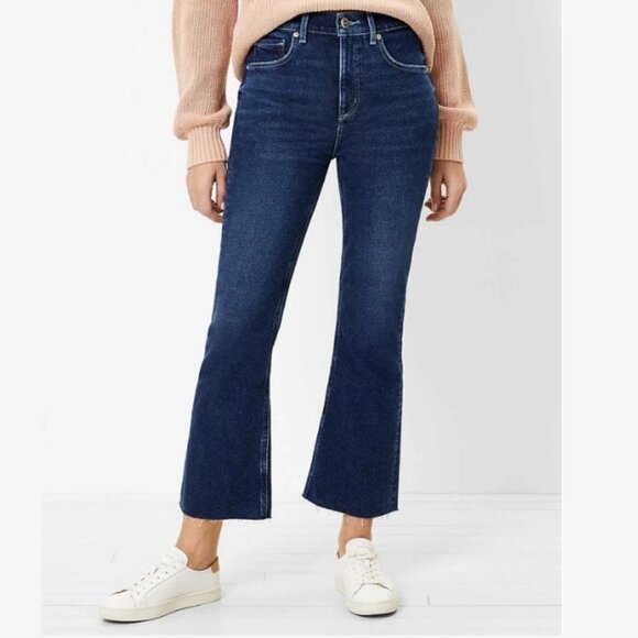 LOFT Kick Flare Crop Raw Hem Cut Off Jeans Ankle Bright Authentic Indigo - Picture 1 of 5